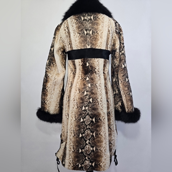 Genuine Kangaroo Suede Leather Coat Fox Fur Collar Snake Print Women Size 42 - Picture 3 of 15
